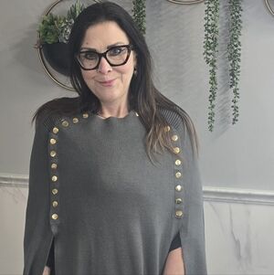 IMAN Global Chic Slate Gray Cape Sweater with Gold Button Accents-M/L NWT